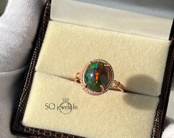 Black Opal Ring, 925 Sterling Silver Cabochon Halo Ring