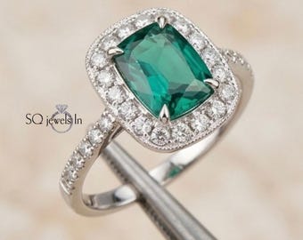Emerald Halo Ring, Cushion Cut, 925 Sterling Silver, May Birthstone