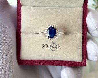 Blauer Saphir Halo Ring, 925 Sterling Silber Oval Ring, Prinzessin Diana Verlobungsring Vintage Starburst Edelstein Ring, Geschenk für Sie