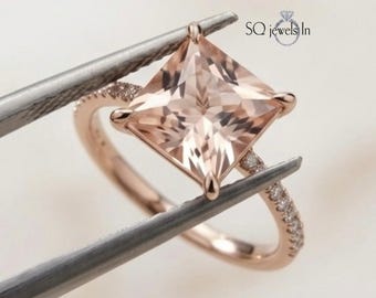 Princess Cut Morganite Ring, Rose Gold, 925 Sterling Silver