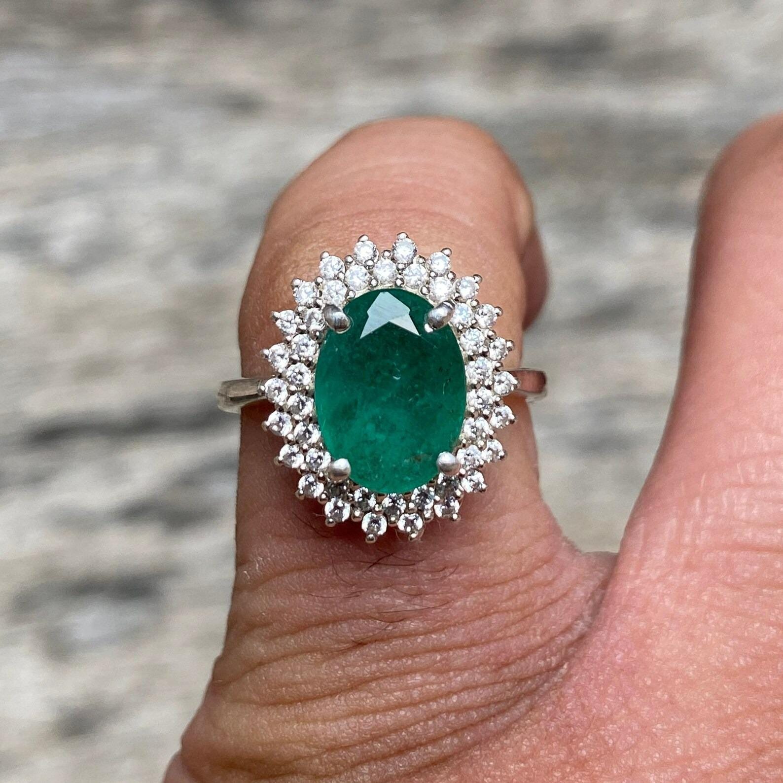 2.55Ct Natural Genuine Emerald Ring, 925 Sterling Silver Oval Cut Halo Ring, May Birthstone Green Emerald Ring, Wedding Ring, Ring For Her