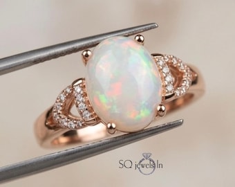 Natural Opal Ring, Vintage Rose Gold Engagement Ring, Fire Opal Statement Ring, Unique October Birthstone Gift, 925 Sterling Silver Ring