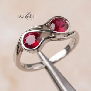 Two Stone Ruby Ring, 925 Sterling Silver Toi et Moi Ring, Round Cut Red Ruby Bypass Ring, Infinity Bezel Ring, Anniversary Gift for Her