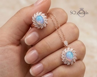 Sterling Silver Fire Opal Ring & Necklace, Marquise Halo Set