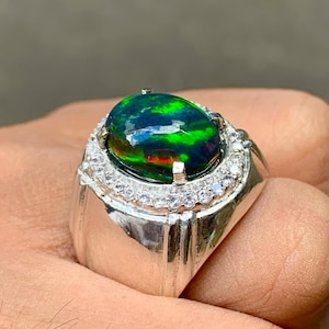 AAA+ Fire Opal Ring, Natural Opal Men&#39;s Ring, 925 Sterling Silver Handmade Halo Ring, October Birthstone Ring, Gift For Him, Opal Men&#39;s Ring