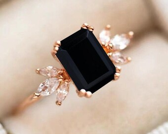 Emerald Cut Black Onyx Ring, 14k Rose Gold Marquise Accents