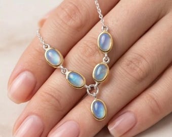 Moonstone Necklace, 925 Sterling Silver Natural Rainbow Moonstone Drop Necklace, Two Tone Gold Bezel Multi Stone Necklace, June Birthstone