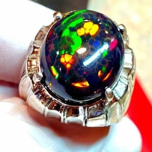 7Ct Natural Fire Opal Men&#39;s Ring, 925 Sterling Silver Multi Fire Opal Men&#39;s Ring, October Birthstone Ring For Him, Fire Dark Opal Ring