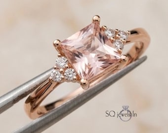Minimalist Morganite Ring, Princess Cut, Rose Gold Sterling Silver