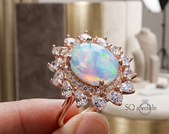Natural Opal Engagement Ring, 14K Rose Gold Oval Ethiopian Opal Ring, Double Halo Pear Starburst Statement Ring, October Birthstone Gift Her