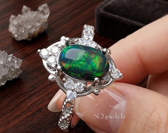 Natural Fire Black Opal Sterling Silver Ring, Oval Cabochon Halo