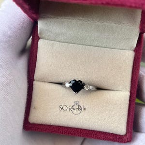 Natural Black Onyx Heart Shape Ring, 925 Sterling Silver Black Oxidize Three Stone Ring, Beautiful Black Stone Ring For her/Women Heart Ring