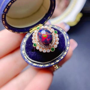 Natural Fire Black Opal Double Halo Ring, 925 Sterling Silver Beautiful Opal Cabochon Ring, October Birthstone Opal Ring For Her/Women