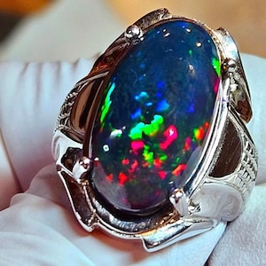 5A Quality 7Ct Natural Fire Black Opal Men&#39;s Ring, 925 Sterling Silver Multi Fire Opal Men&#39;s Ring, October Birthstone Fire Dark Opal Ring