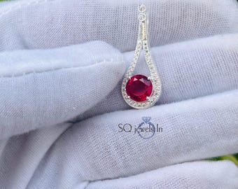 Dainty Lab Ruby Halo Pendant, 925 Sterling Silver Necklace