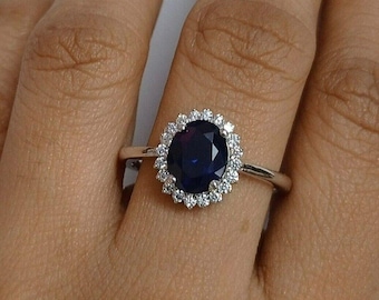 Dainty Blue Sapphire Halo Ring, Oval Cut Sterling Silver