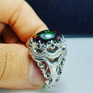 6Ct Natural Fire Opal Men&#39;s Ring, 925 Sterling Silver Multi Fire Opal Men&#39;s Ring, October Birthstone Ring For Him, Fire Dark Opal Ring