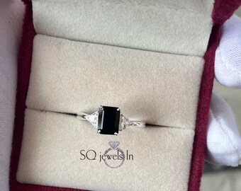 Emerald Cut Black Onyx Ring, 14k Rose Gold Trillion Accents