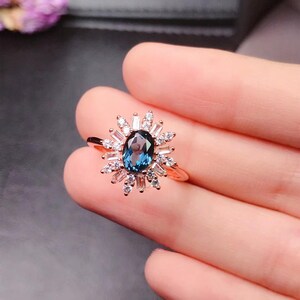 Natural London Blue Topaz Oval Cut Baguette Halo Ring In 925 Sterling Silver Blue Topaz December Birthstone Ring Handmade Jewelry For Women