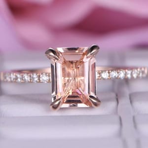 Minimalist Morganite Ring, 925 Sterling Silver Emerald Cut Rose Gold Morganite Ring, Solitaire With Accents Morganite Gemstone Ring For Her