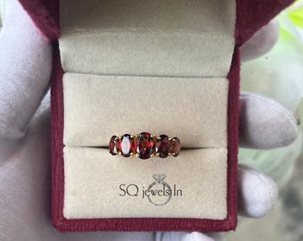 Anillo de oro de 14 k con granate rojo, piedra natal de enero, anillo multipiedra