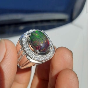 AAA+ Fire Opal Ring, Natural Opal Men&#39;s Ring, 925 Sterling Silver Handmade Halo Ring, October Birthstone Ring, Gift For Him, Opal Men&#39;s Ring