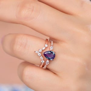 Unique Color Changing Alexandrite Halo Ring Set In 925 Sterling Silver Pear Cut Alexandrite Gemstone Ring Handmade Ring With Curved Band