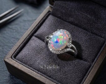 Personalized Initial Opal Ring, Oval Natural Ethiopian Opal Swirl Halo Ring, Custom Letter H Sterling Silver Opal Ring, October Birthstone