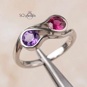 Ruby and Amethyst Ring, 925 Sterling Silver Toi et Moi Ring, Two Stone Bypass Ring, February July Birthstone Ring, Infinity Gift for Her