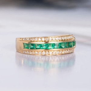 Hochzeit Smaragd Bandring, 925 Sterling Silber Smaragdschliff Akzente Halbring, Mai Birthstone grüner Smaragd Ringkanal Set Band Unisex Ring