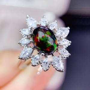 Natural Fire Black Opal Marquise Halo Ring, 925 Sterling Silver Handmade Black Opal Ring, October Birthstone Ring, Beautiful Multi Opal Ring