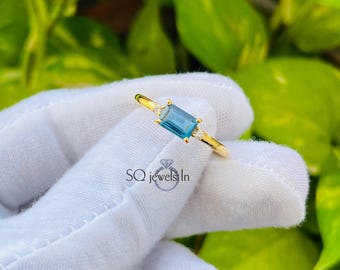 London Blue Topaz Ring 925 Sterling Silver, East West Emerald Cut Blue Gemstone Ring, Yellow Gold Plated Minimalist Engagement Band Her