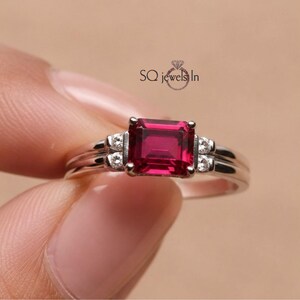 Emerald Cut Ruby Ring, 925 Sterling Silver Ring, Rectangular Ruby Engagement Ring, Split Shank Promise Ring, July Birthstone Gift her