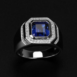Dainty Blue Sapphire Men&#39;s Ring, 925 Sterling Silver Blue Sapphire Square Cut Unique Men&#39;s Ring, September Birthstone Ring, Gift For Him
