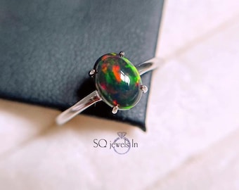Black Opal Ring, Oval Cabochon, Sterling Silver, October Birthstone