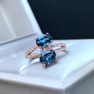 Natural London Topaz East West Ring, 14k Gold Blue Topaz Ring, December Birthstone, Beautiful Handmade Blue Topaz With Accents Ring For Her