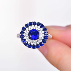 Dainty Blue Sapphire Pear Halo Ring, 925 Sterling Silver Blue Round Cut Ring, September Birthstone Ring, Engagement Ring For Her/Women