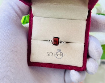 Emerald Cut Red Garnet Ring 925 Sterling Silver, Dainty Rectangle Gemstone Solitaire Ring, Minimalist Geometric Promise Ring For Her