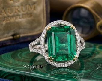 Halo Emerald Ring, 925 Sterling Silver, May Birthstone