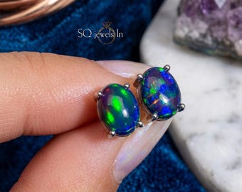 Oval Cabochon Black Opal Stud Earrings, Sterling Silver & 14k Gold