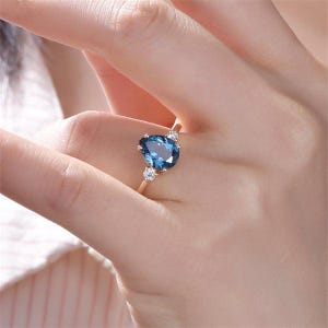 Natural London Blue Topaz Three Stone Ring In 925 Sterling Silver Pear Cut Blue Topaz Gemstone Ring December Birthstone Ring For Her/Women
