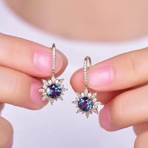 Dainty Alexandrite Hoop Earrings In 925 Sterling Silver Round Cut Unique Color Changing Alexandrite Gemstone Dangle Drop Hoop Earrings