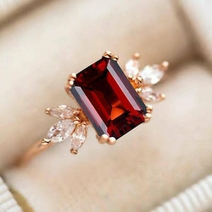 Natural Red Garnet Emerald Cut Ring 14k Rose Gold Engagement Ring Emerald Cut Garnet Ring January Birthstone Mozambique Garnet Ring For Her