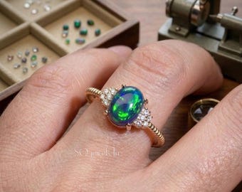 Black Opal Ring, 925 Sterling Silver, Oval Cabochon