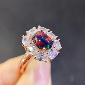 Natural Fire Black Opal Oval Halo Ring, 925 Sterling Silver Handmade Black Opal Ring, October Birthstone Ring, Beautiful Multi Opal Ring