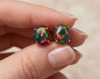 Fire Opal Stud Earrings, 14k Gold & Sterling Silver, October Birthstone