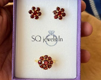 Red Garnet Flower Jewelry Set 925 Sterling Silver, Yellow Gold Plated Floral Cluster Ring Stud Earrings Set, January Birthstone Gift Set