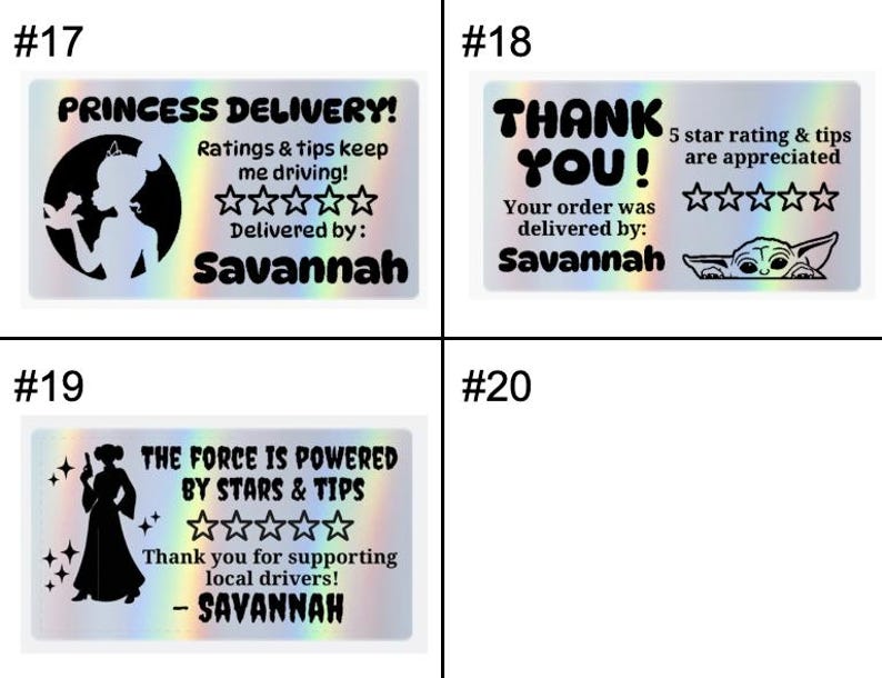 K&ouml;nnte beinhalten: Ein Set aus drei rechteckigen holografischen Aufklebern mit schwarzem Text und Grafiken. Aufkleber 17 zeigt eine Prinzessinnen-Silhouette und den Text Princess Delivery. Aufkleber 18 sagt Thank You mit einer kleinen Kreaturengrafik. Aufkleber 19 zeigt eine weibliche Silhouette und den Text The Force Is Powered By Stars & Tips.