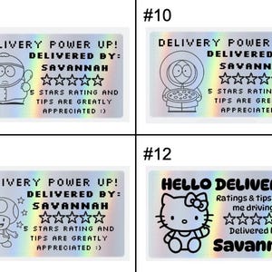 K&ouml;nnte beinhalten: Vier rechteckige holografische Aufkleber mit schwarzer Strichzeichnung und Text. Die Designs zeigen Zeichentrickfiguren, die Phrasen DELIVERY POWER UP oder HELLO DELIVERY, den Namen SAVANNAH, f&uuml;nf Sterne und Bitten um Bewertungen und Trinkgeld.