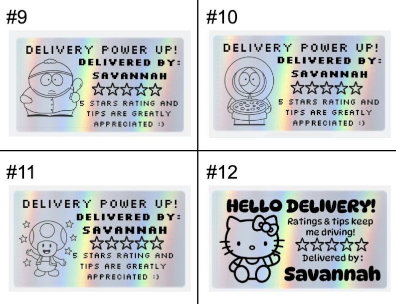 K&ouml;nnte beinhalten: Vier rechteckige holografische Aufkleber mit schwarzer Strichzeichnung und Text. Die Designs zeigen Zeichentrickfiguren, die Phrasen DELIVERY POWER UP oder HELLO DELIVERY, den Namen SAVANNAH, f&uuml;nf Sterne und Bitten um Bewertungen und Trinkgeld.